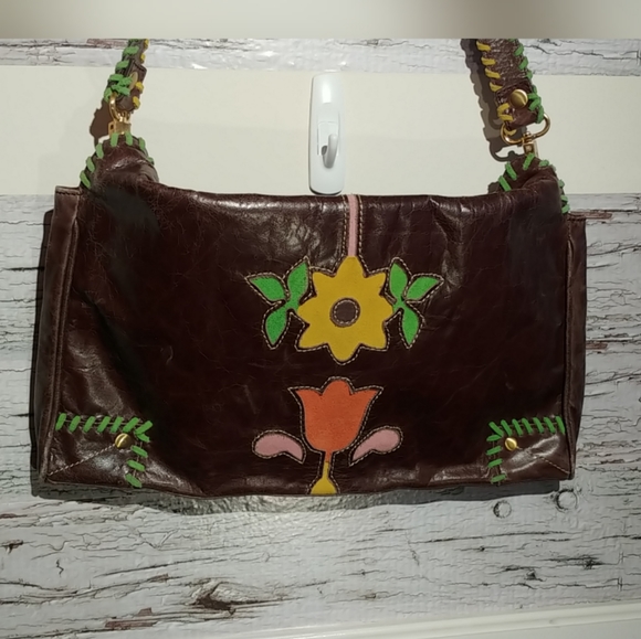 Loop Brown Leather Multi Floral Accent Hobo Bag - Picture 10 of 10